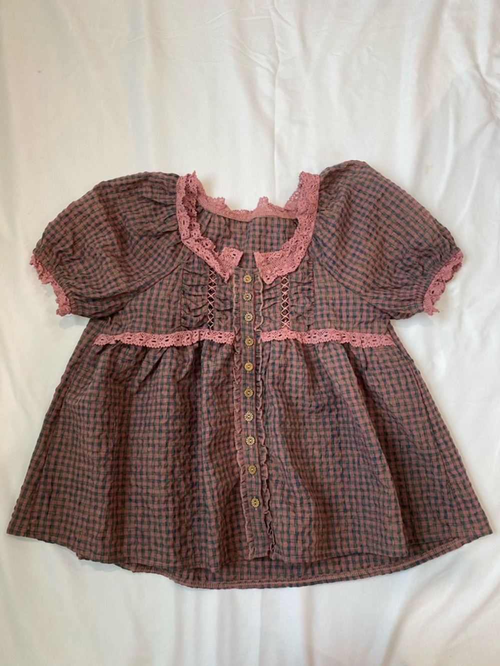 Pink Lace-Trim Plaid Top
